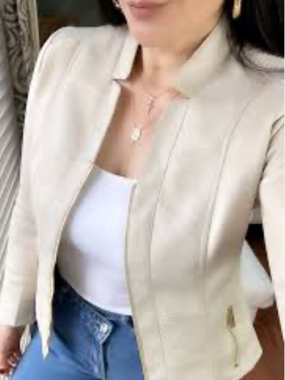 Kenneth Cole New York Faux Leather Light Cream Zip-Front Moto Jacket